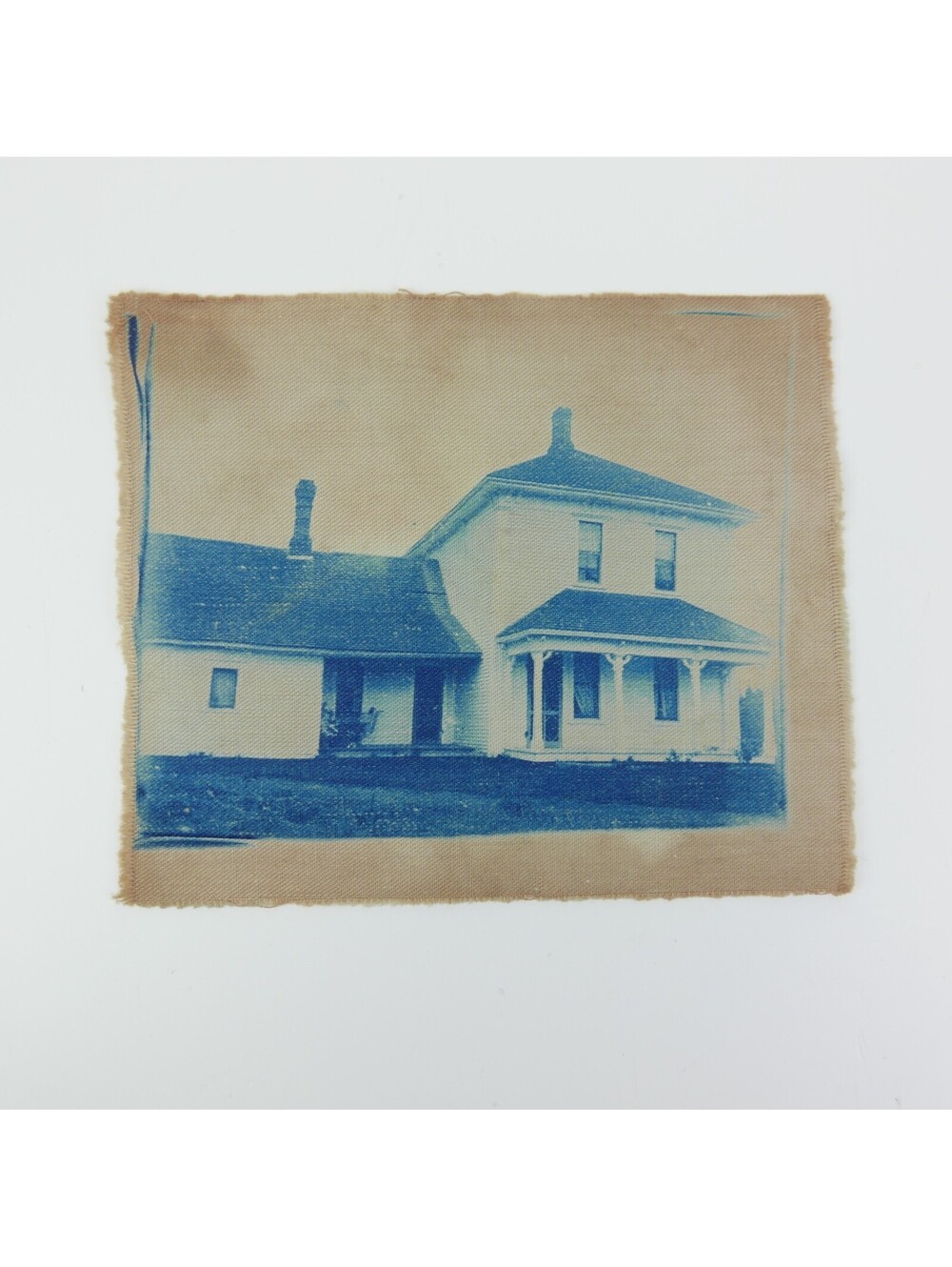 Cyanotype Photograph On Cloth White Farm House with Porch Antique 1800s
